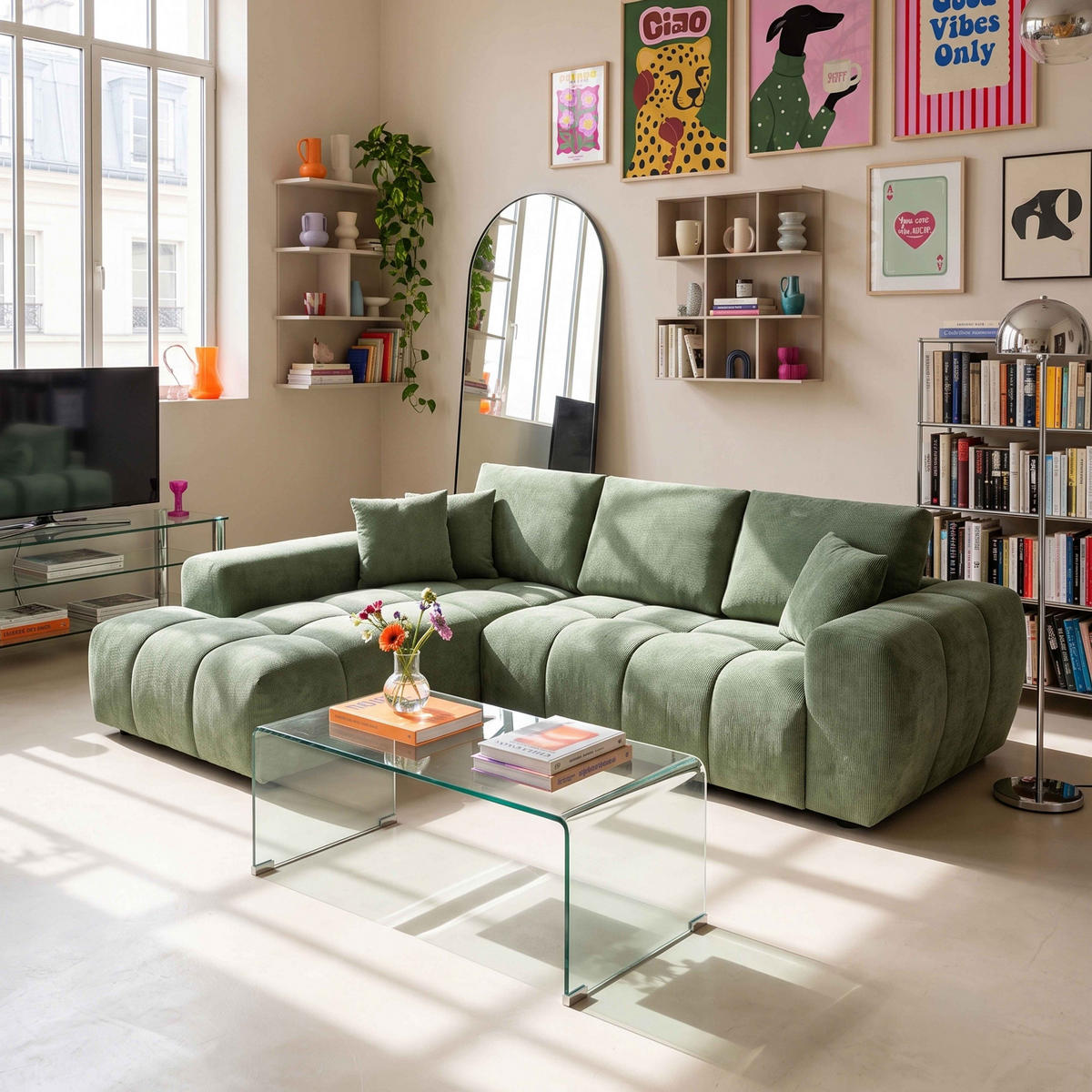 SOFA 3-Sitzer, Grün - Grün, Holz/Textil (270/205cm) - Oviala