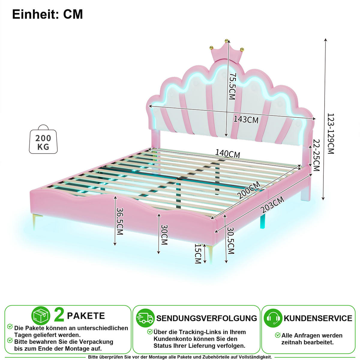 POLSTERBETT 140/200 cm in Rosa mit LED und Kronen-Design - Rosa, Holzwerkstoff/Textil (140/200cm) - CHICFURN