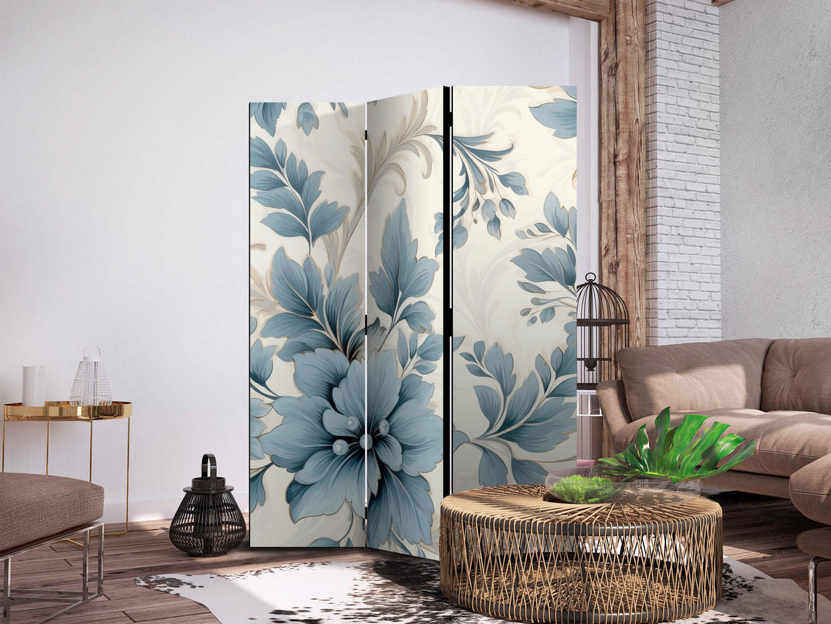 PARAVENT Einseitig Bedruckter 3-tlg 135x172 cm Blaue Pflanzen - Blau, Holz/Textil (135/172/3cm) - Muralo