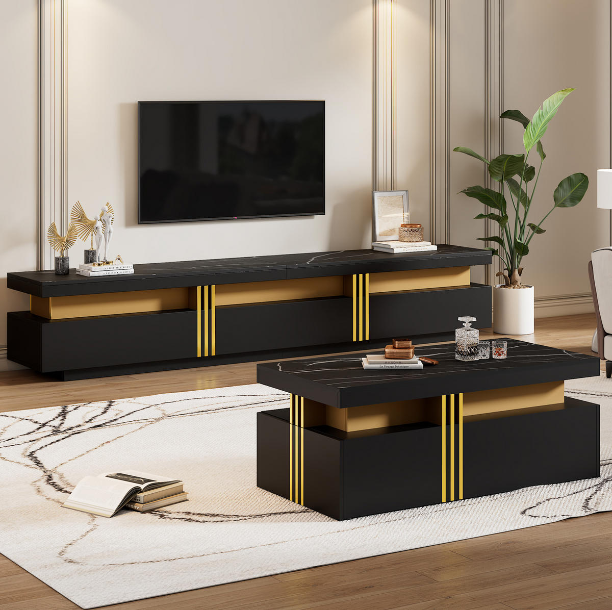 TV-ELEMENT 200/40/42 cm mit 3 Schubladen in Schwarz mit Marmor-Optik - Schwarz, Holzwerkstoff (100/40/50cm) - BEAOK