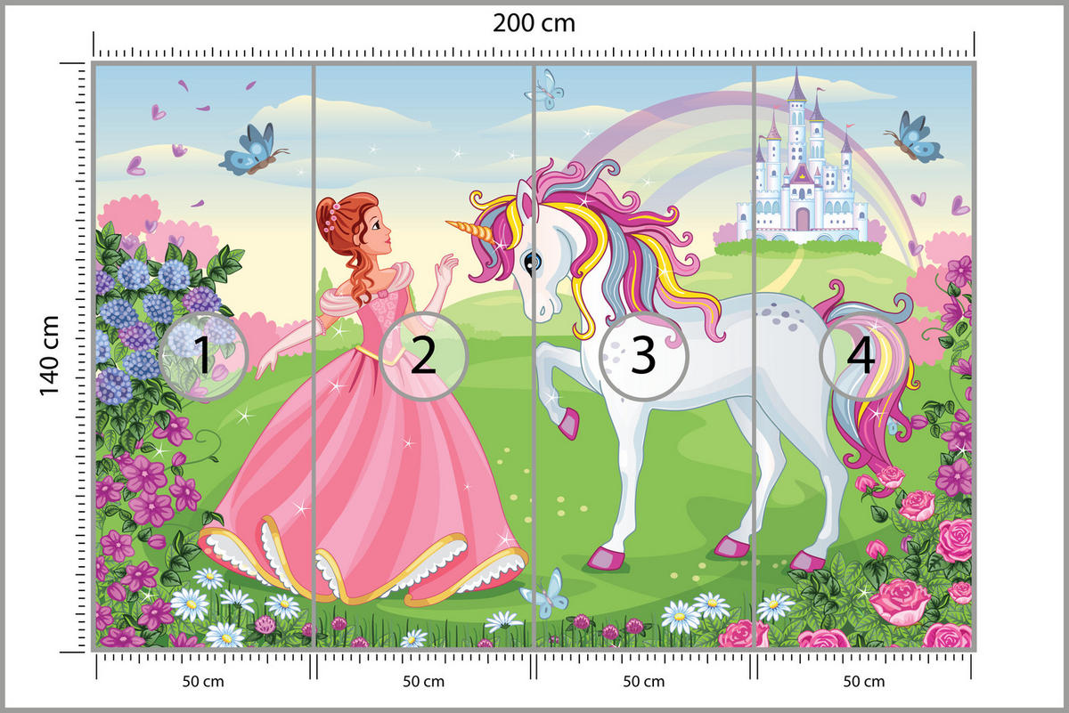FOTOTAPETE für Kinderzimmer Prinzessin Einhorn Schloss Blumen 200x140 - Blau/Gelb, Papier (200/140cm) - Muralo