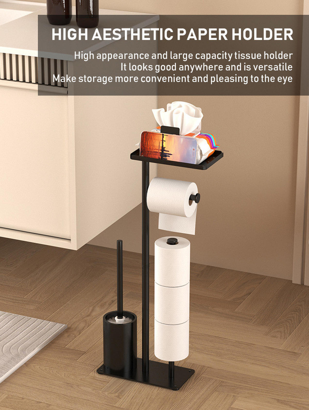 TOILETTENBÜRSTENHALTER – 2-in-1 (Weiß) 24 x 12 x 60 cm - Schwarz, Metall (12/61/24cm)