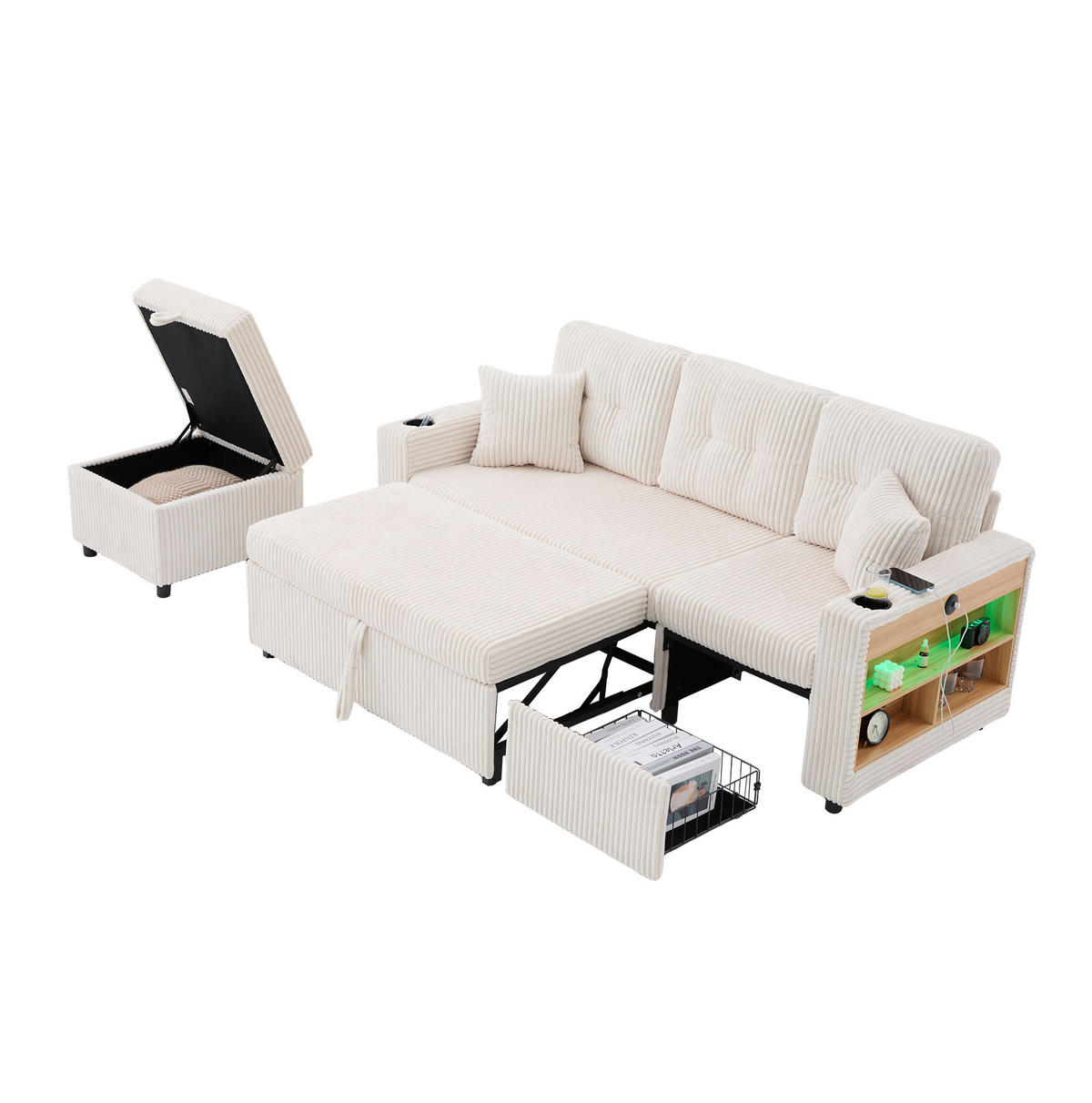 SCHLAFSOFA aus Cord 196x82-144x85 cm Beige mit Stauraum, USB-C, LED-Beleuchtung, Getränkehaltern und Ausziehfunktion - Beige, Textil (82/85/196cm) - Modfu