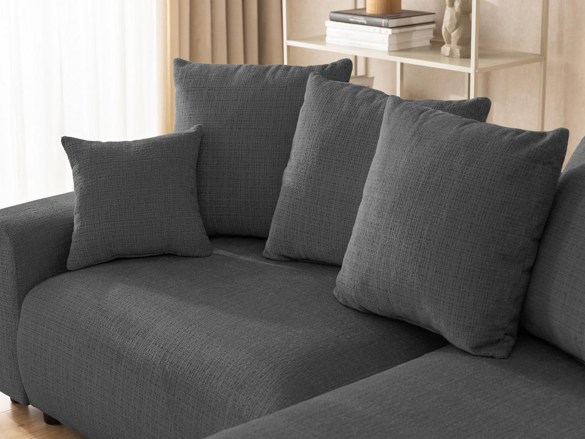 ECKSOFA Calma mit Schlaffunktion und Bettkasten im Bumpy-Design aus weichem Grau Chenille-Stoff - Ottomane rechts - Beige/Schwarz, Holz/Kunststoff (239/140cm) - S-Style Möbel