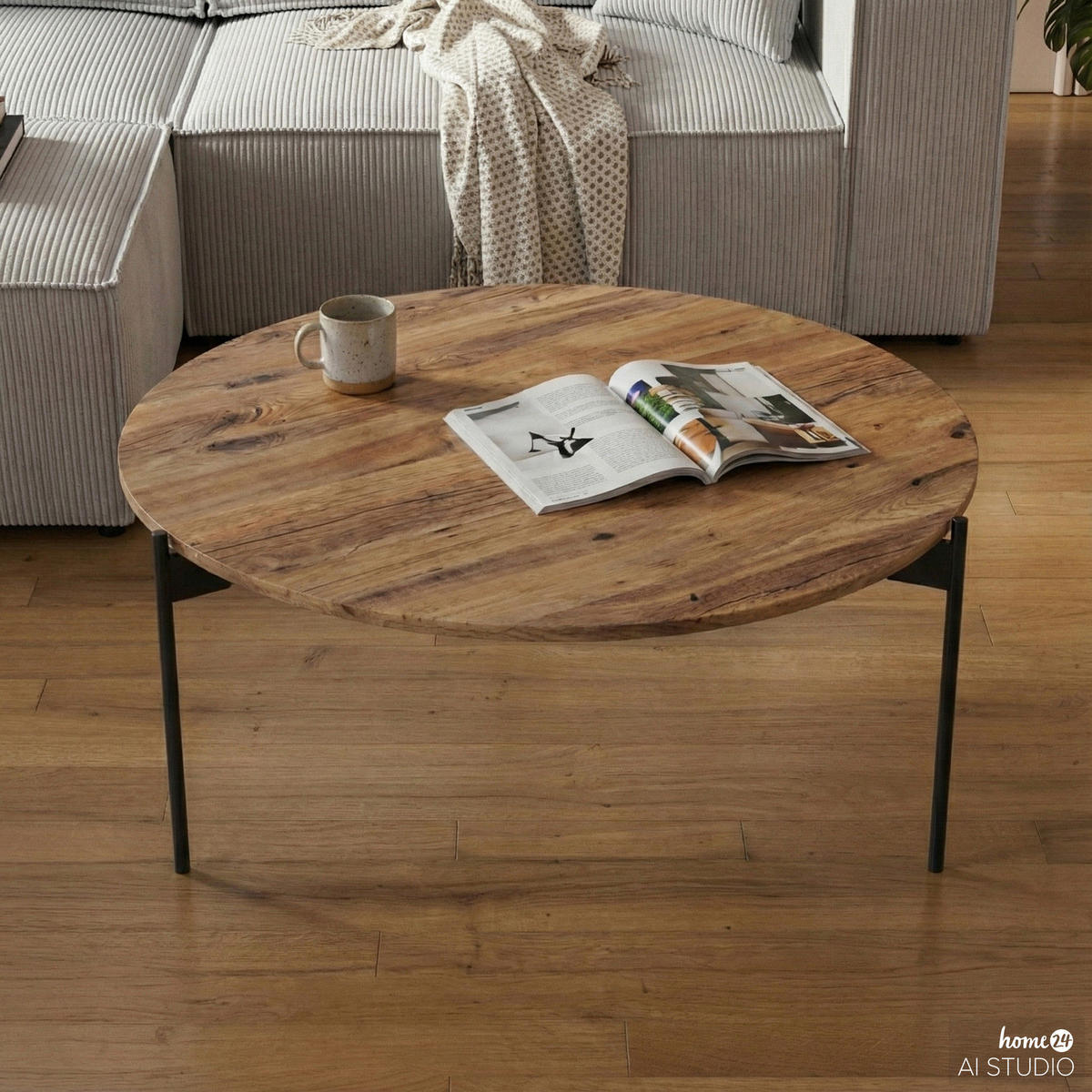 COUCHTISCH - Eiche massiv / Metall - Eiche / Schwarz - Eichefarben/Schwarz, Holz/Metall (74/74/38cm) - home24