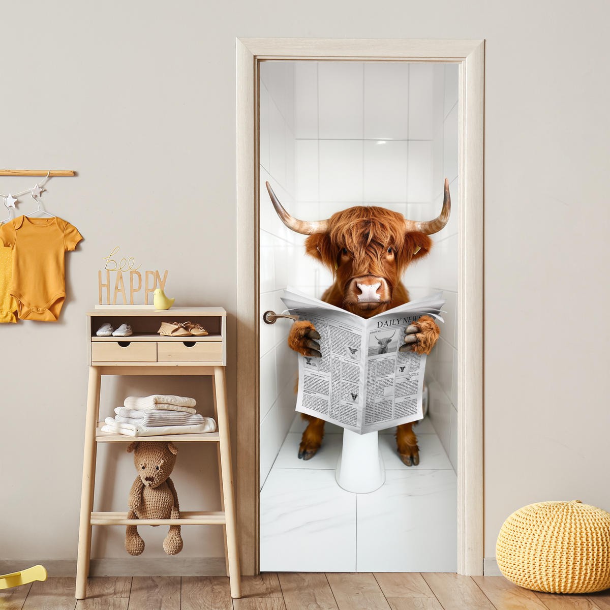 TÜRAUFKLEBER Scottish Highlander - Zeitung - WC - Tier 80x215 cm - Türtapete - Weiß, Kunststoff (80/0.1cm) - MuchoWow