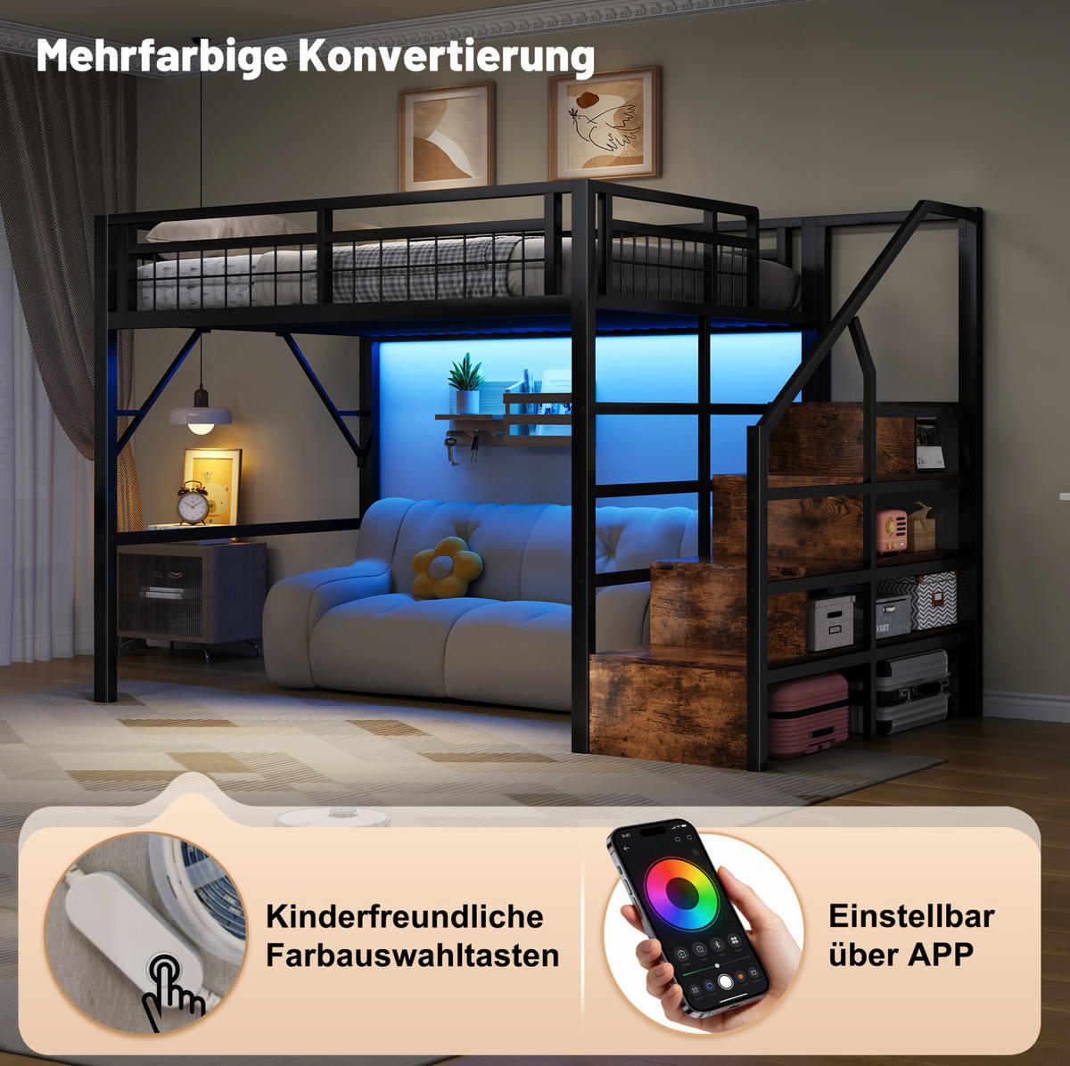 HOCHBETT 140/200 cm aus Metall mit LED-Beleuchtung und Stauraumtreppe - Schwarz, Metall (140/200cm) - Flora Grace