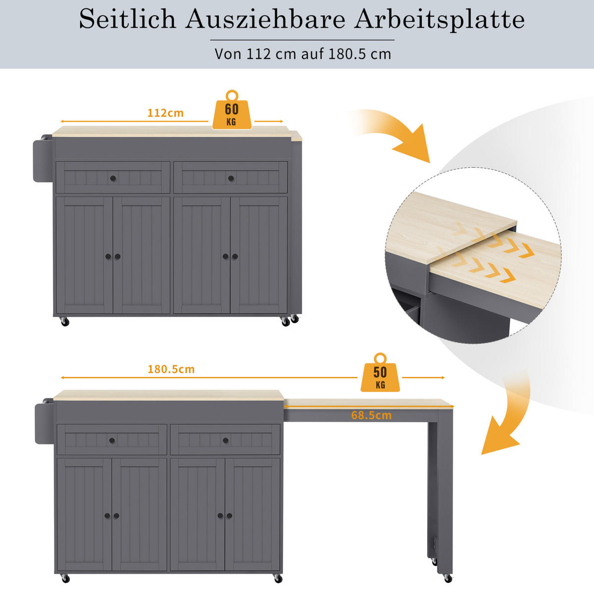 KÜCHENINSEL mit ausziehbarer Arbeitsplatte 112-180,5 x 45 x 92,2 cm Natur/Grau - Grau, Holz (45/92.2/180.5cm) - Beauniv