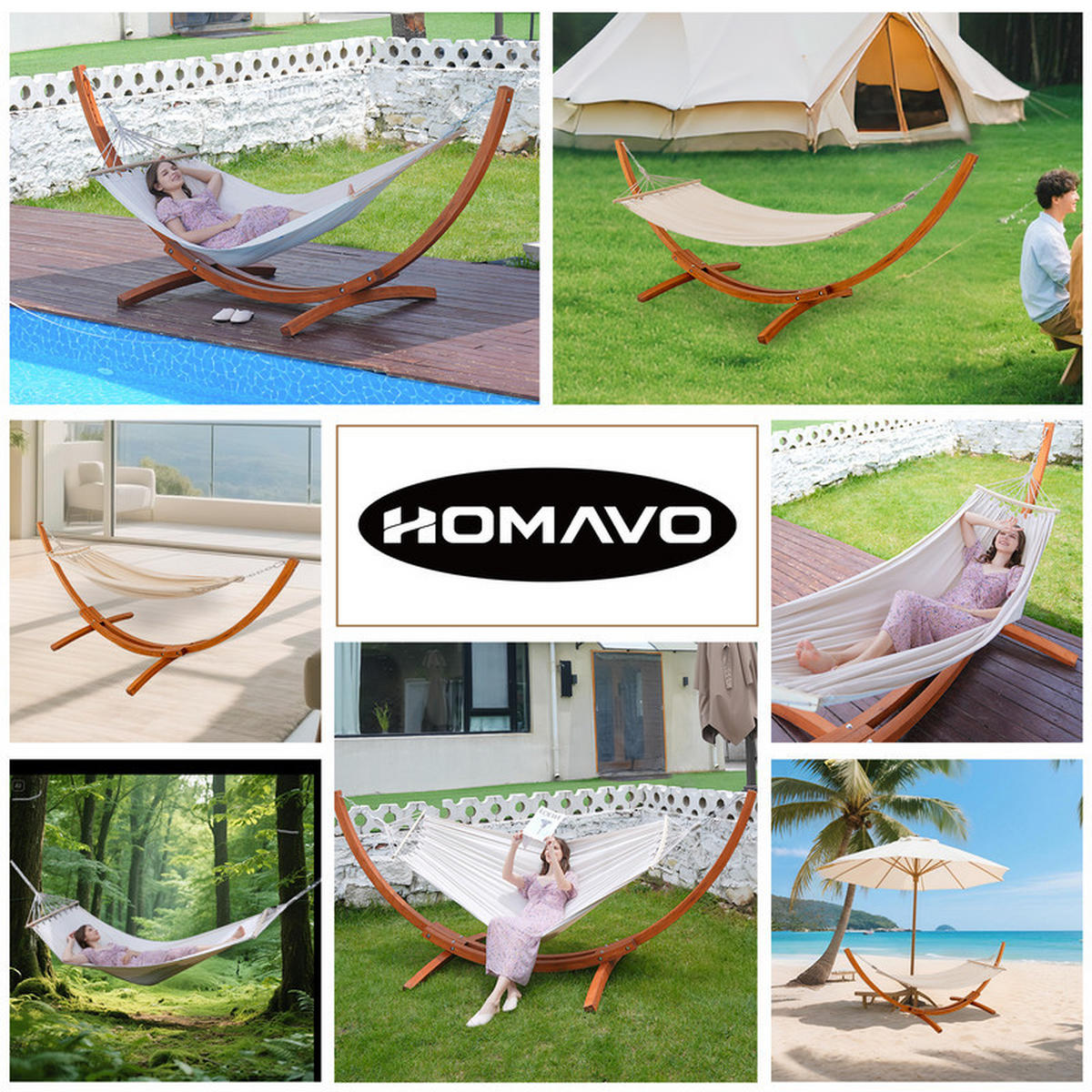 DOPPELHÄNGEMATTE mit Gestell – 200 × 150 cm - Beige, Holz (120/120/118cm) - Auledio