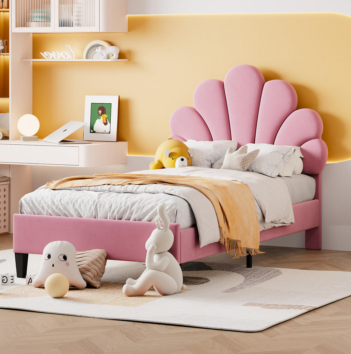ČALOUNĚNÁ postel z MDF a sametu 90x200 cm růžová s lamelovým roštem, květinovým čelem a nosností 200 kg - růžová, textil (90/200cm) - Modfu