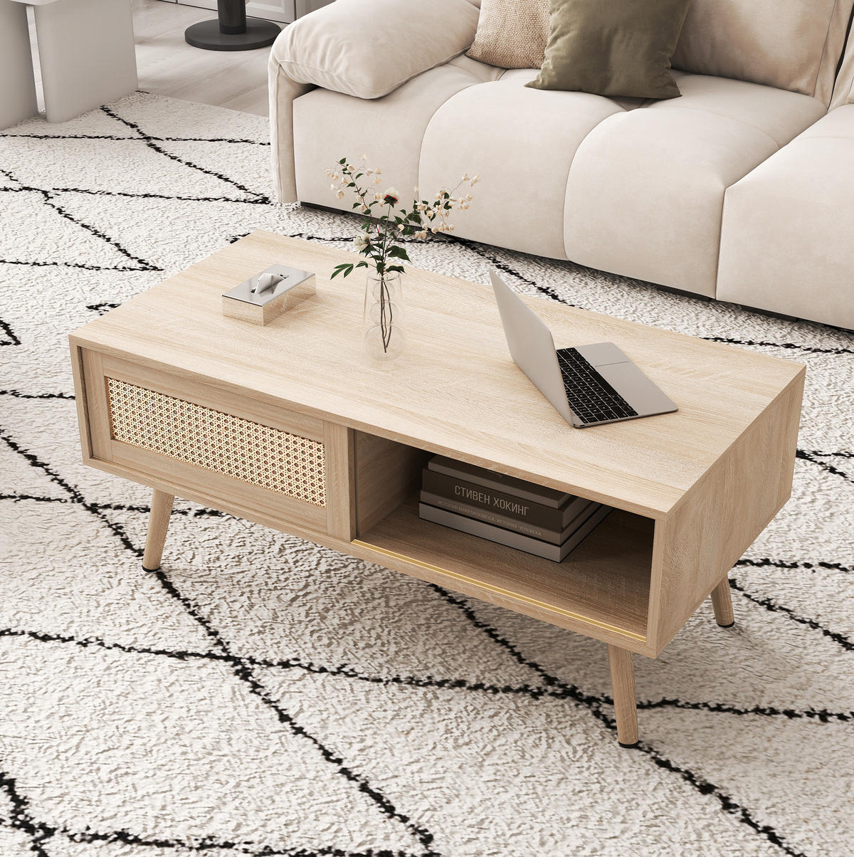 KONFERENČNÍ stolek 105/55/40 cm přírodní z MDF s ratanovými posuvnými dvířky - hnědá, kompozitní dřevo (105/55/40cm) - OKWISH