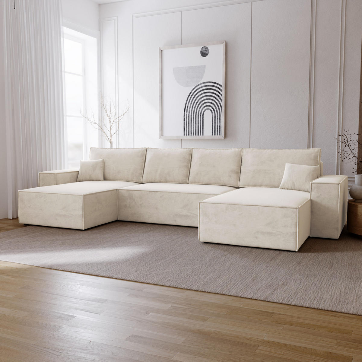ECKSOFA 380 cm Bergamo U mit Bettkasten, Samt, Vanille - Ecru, Holz (377/189cm) - Emporius