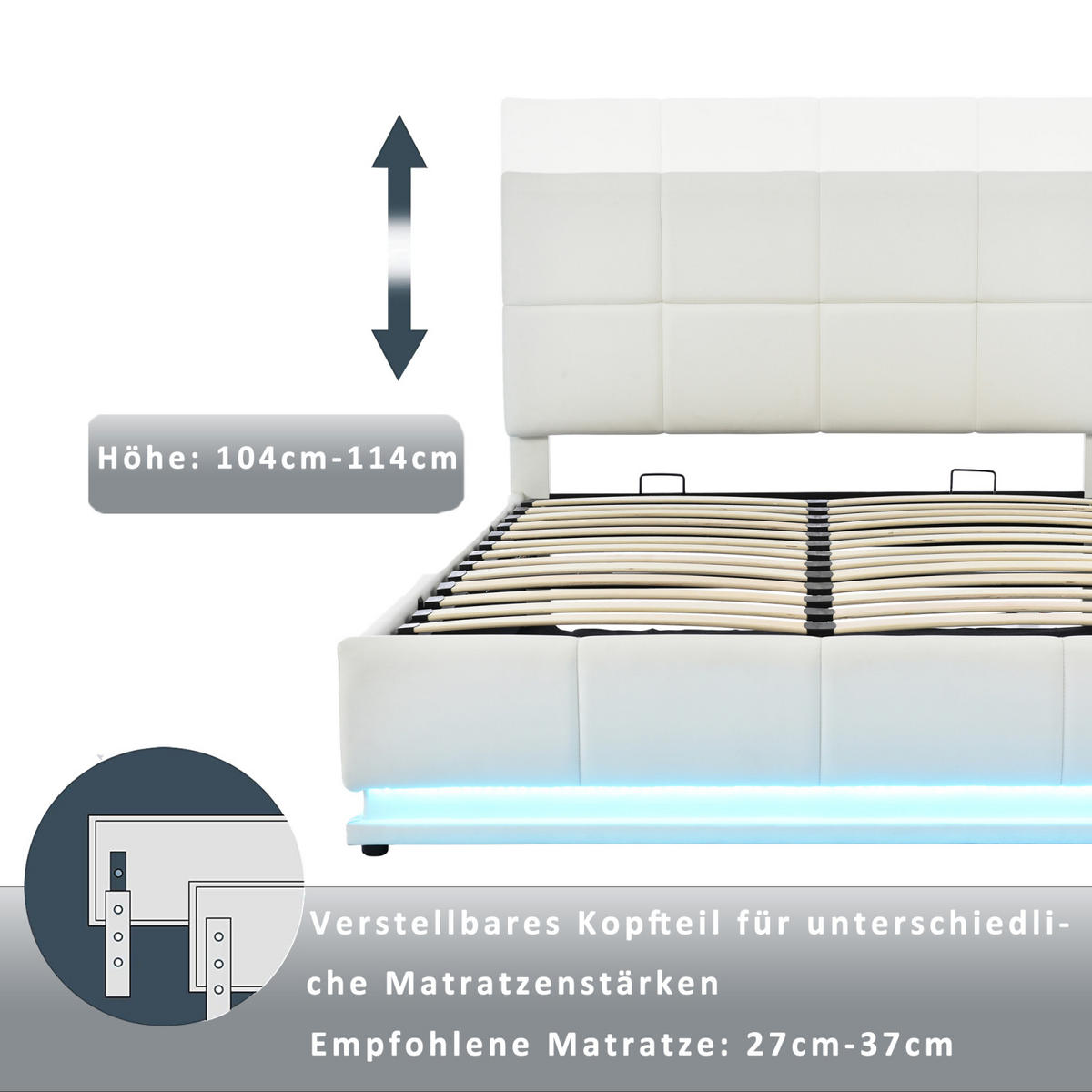 POLSTERBETT 140x200 cm, Weiß, mit LED-Beleuchtung - Weiß, Textil/Metall (140/200cm)