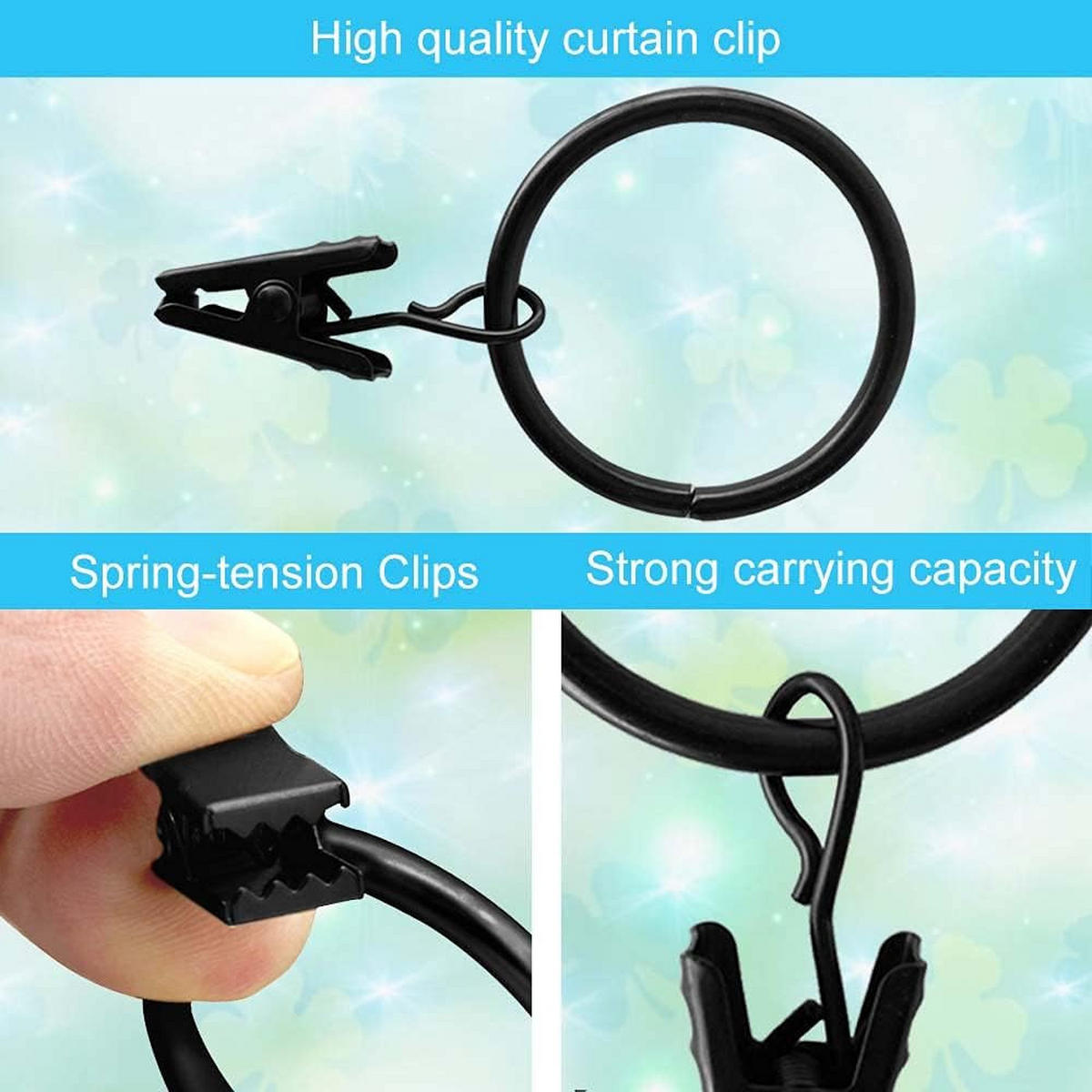 DUSCHVORHANGRINGE Silber Set mit Clips für Stangen - Schwarz, Metall (3.2/6.7cm) - MCBOSON