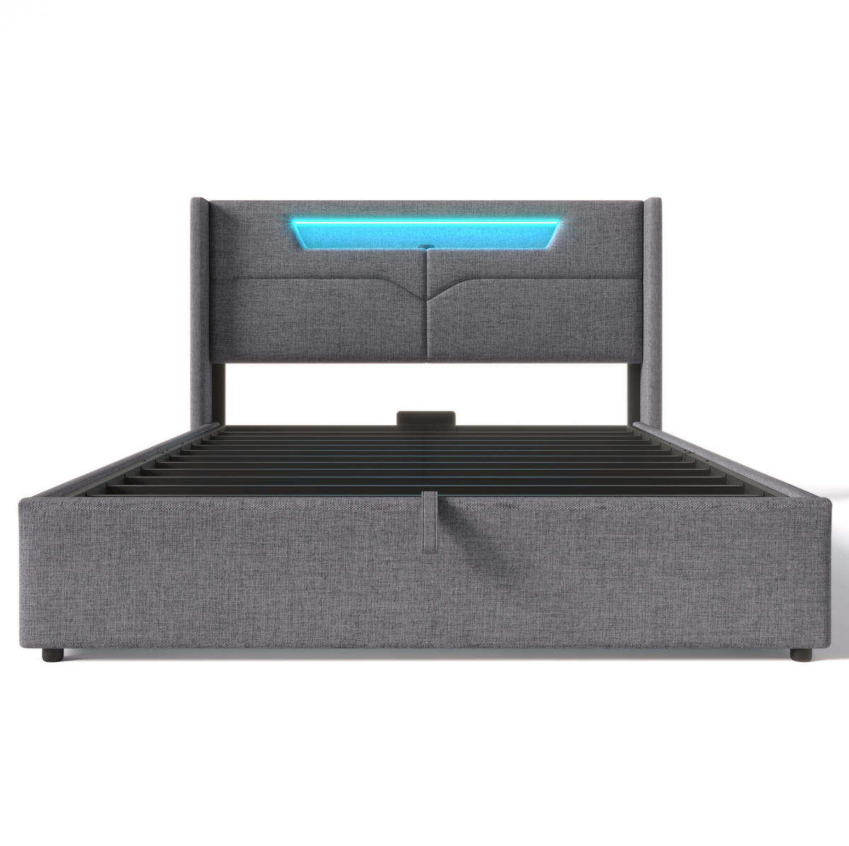 TAPECIRANI krevet od lanene tkanine 160x200 cm sivi s LED rasvjetom, USB i Type-C priključkom te spremištem - siva, tekstil (160/200cm) - Modfu