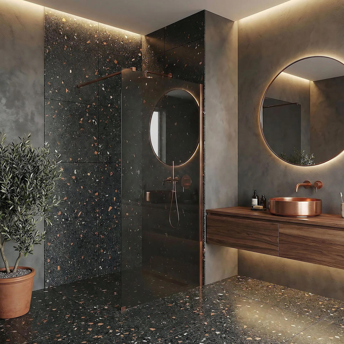 DUSCHWAND Rea Flexi Grey / Brush Copper 90 - Kupferfarben, Glas (120/90/195cm) - REA