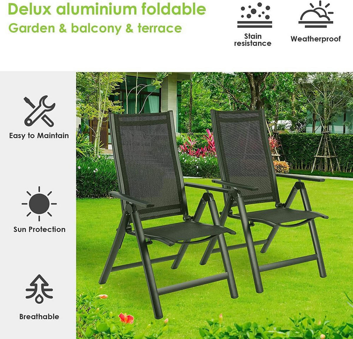 GARTENSTÜHLE 2er-Set – klappbar, Aluminium, verstellbar - Schwarz, Metall (71.5/107/60cm) - Coonoor