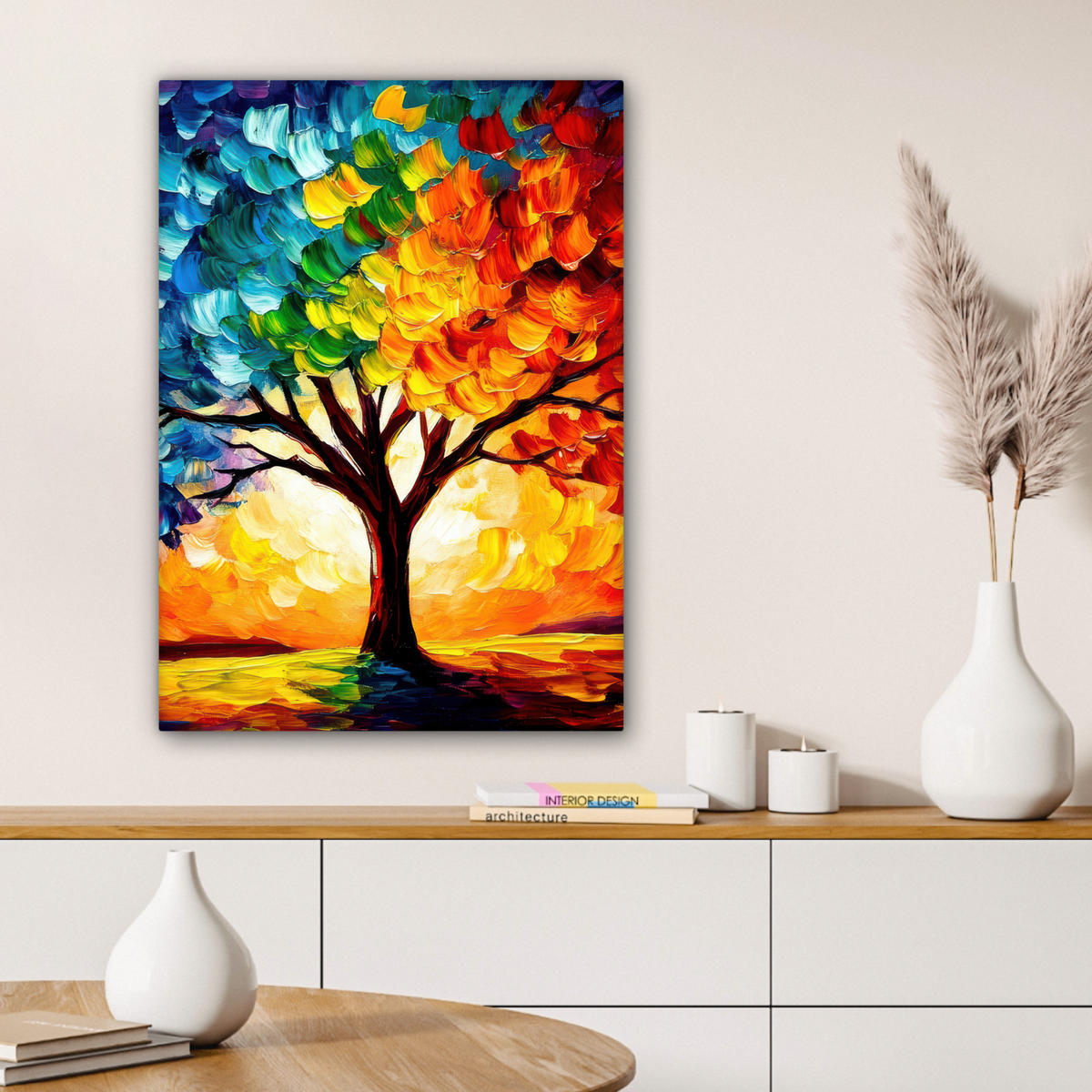 LEINWANDBILD - Baum - Kunst - Natur - Sonnenuntergang - 60x80 - Gemälde - Multicolor, Textil (60/80cm) - MuchoWow