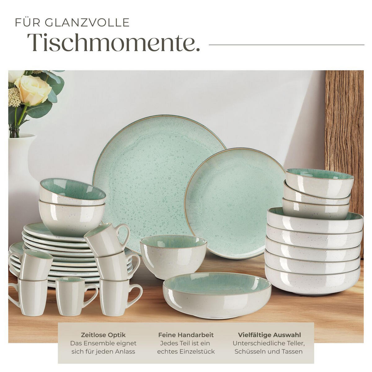 KOMBISERVICE Mare, ineinander stapelbar, Mint - Mintgrün, Keramik (26.5/2.5/26.5cm) - tectake