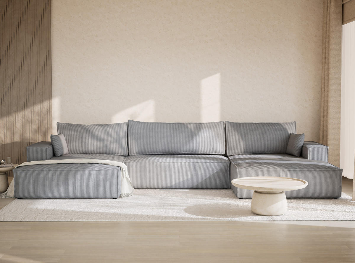 WOHNLANDSCHAFT Kyoto Hellgrau Samtstoff - Hellgrau/Schwarz, Holz/Holzwerkstoff (398/70/148cm) - Maison de Reve