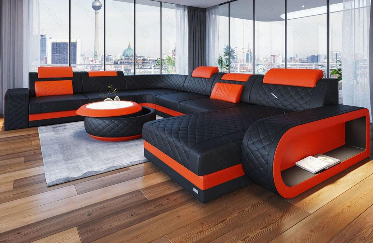 WOHNLANDSCHAFT Berlin U-Form Mini Schwarz Orange Kunstleder - Rot/Schwarz, Textil (264/80/362cm)