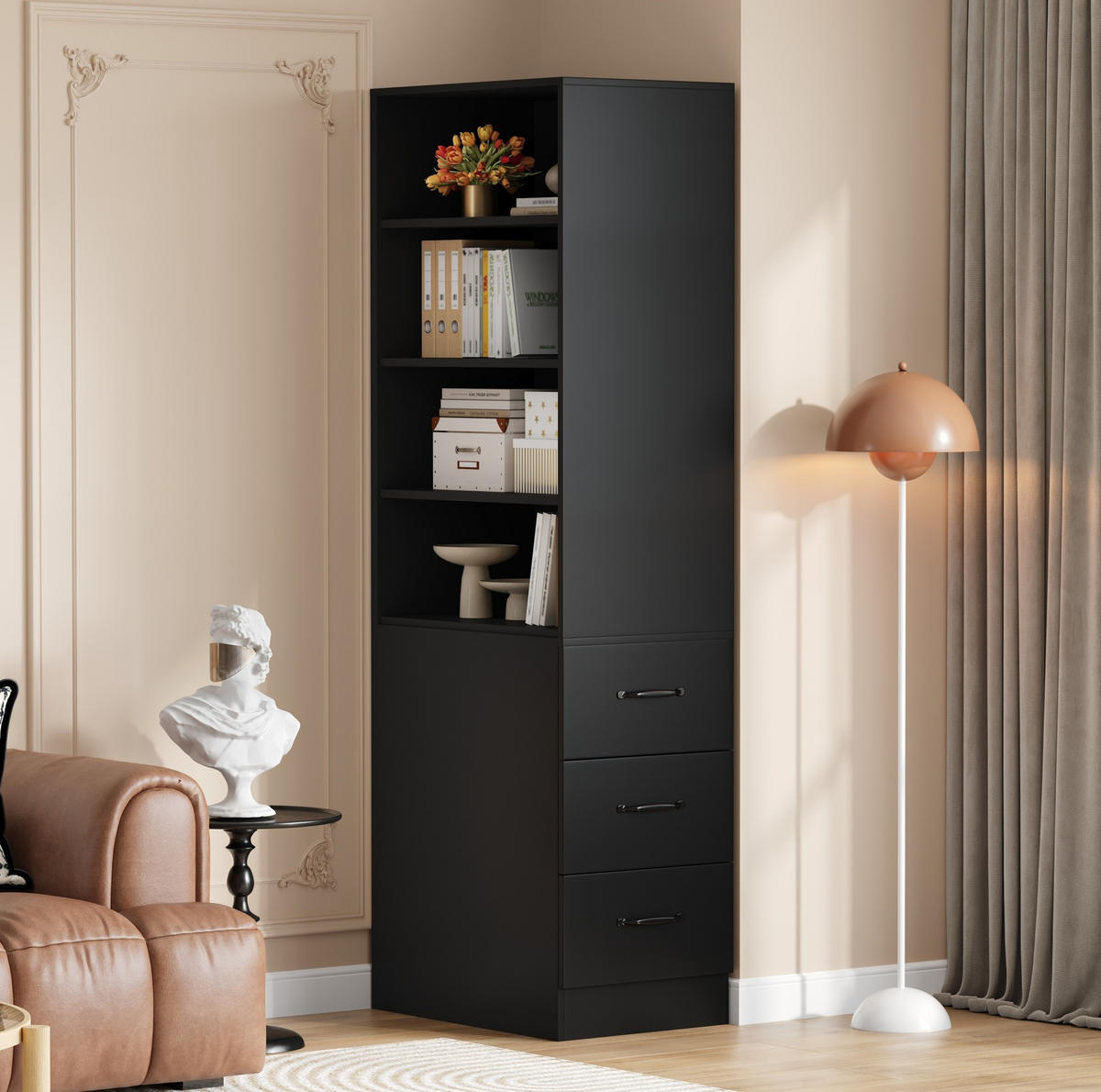 REGAL schmal mit Seitenschubladen 60x38x180 cm Schwarz - Schwarz, Holzwerkstoff (38/180/60cm) - Beauniv