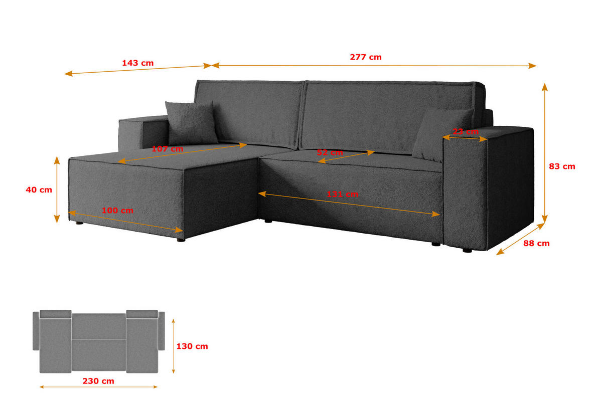 ECKSOFA mit Schlaffunktion und Bettkasten CELTIC-XL - 277x143x83 cm Grau Bouclé - Schwarz/Grau, Holzwerkstoff/Kunststoff (277/143cm) - ALTDECOR