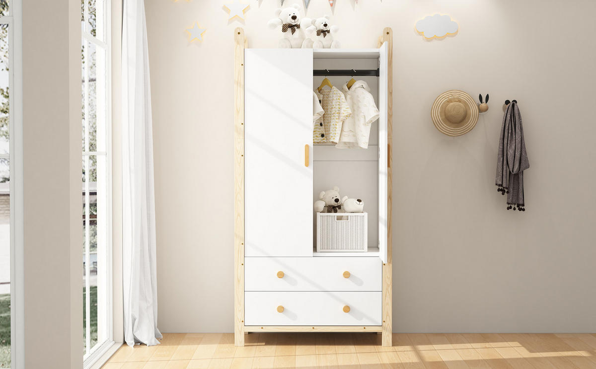 KLEIDERSCHRANK 90x45x180cm Weiß + Kiefer Spanplatte 2 Türen 2 Schubladen - Weiß, Holz (45/180/90cm) - FLIEKS