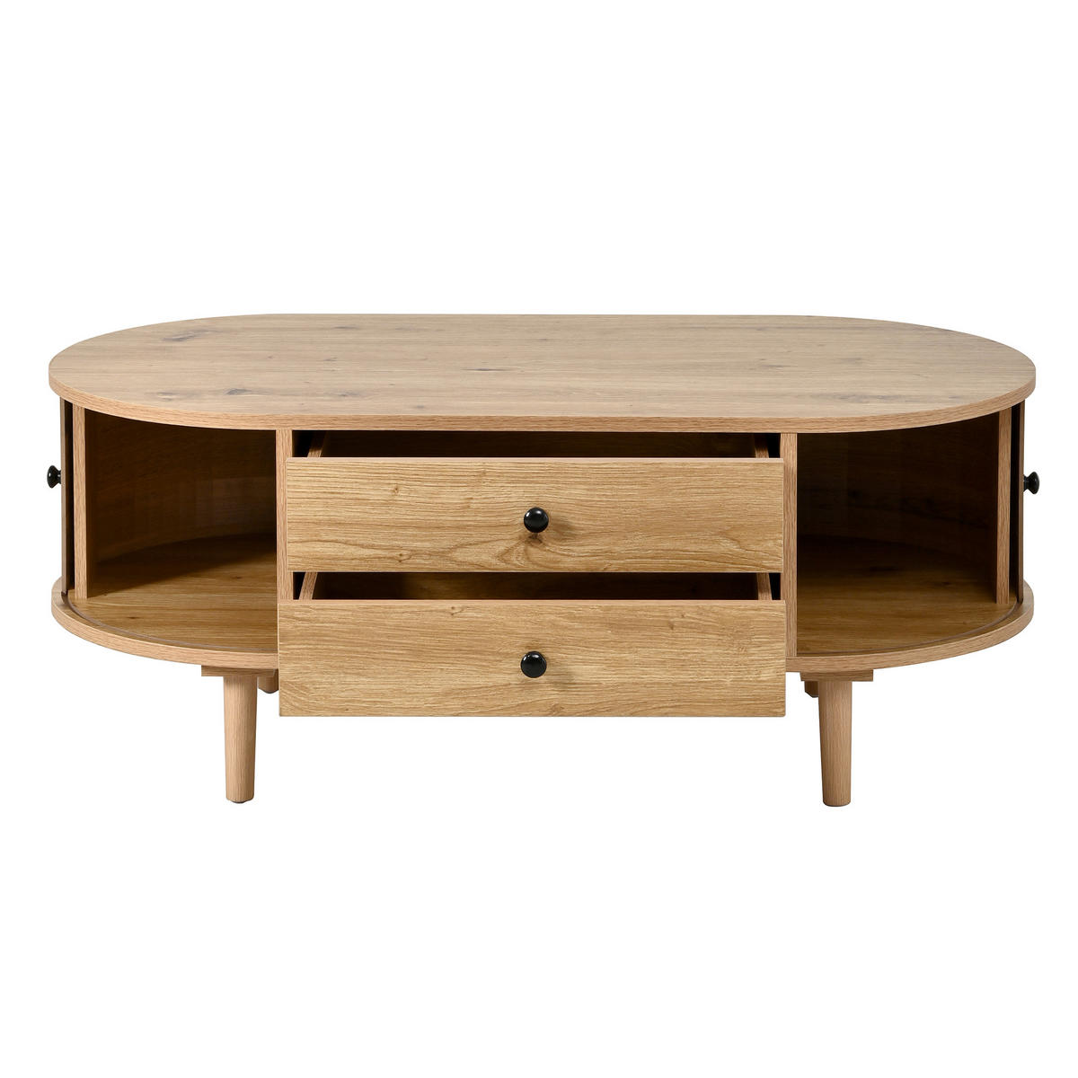 COUCHTISCH DE-37074 oval mit Schiebetüren und 2 Schubladen Eiche - Eichefarben, Holzwerkstoff (100/50/40cm) - ComfortXL