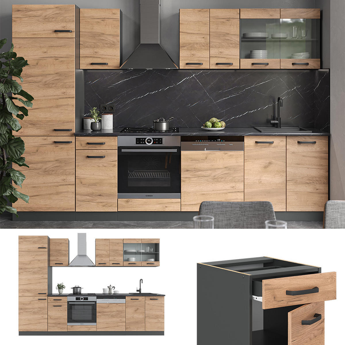 KÜCHENZEILE R-Line Goldkraft Eiche/Anthrazit 300 cm, AP Anthrazit - Anthrazit/Eiche Wotan, Holzwerkstoff (300/81.6/60cm) - Vicco