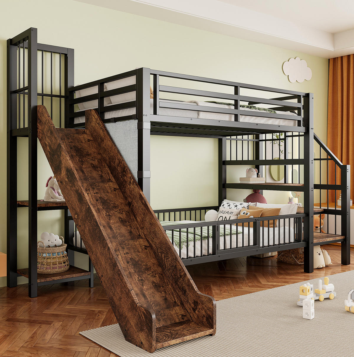 HOCHBETT 90/200 cm aus Metall und MDF mit Rutsche und Stauraumtreppe Schwarz - Schwarz, Metall (90/200cm) - Modenvie