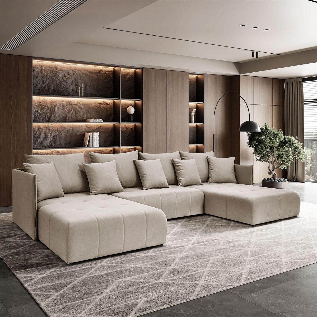 WOHNLANDSCHAFT APOLLO U mit Schlaffunktion und Bettzeugkasten - Beige, Textil (348/93/188cm) - Lookway