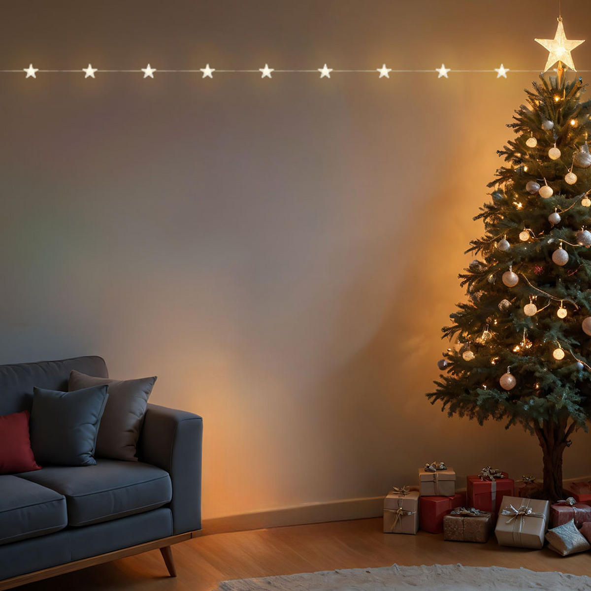 LED Lichterkette Sternen-Design Silber - Silberfarben, Metall (220/2.5/2.5cm) - Globo Lighting