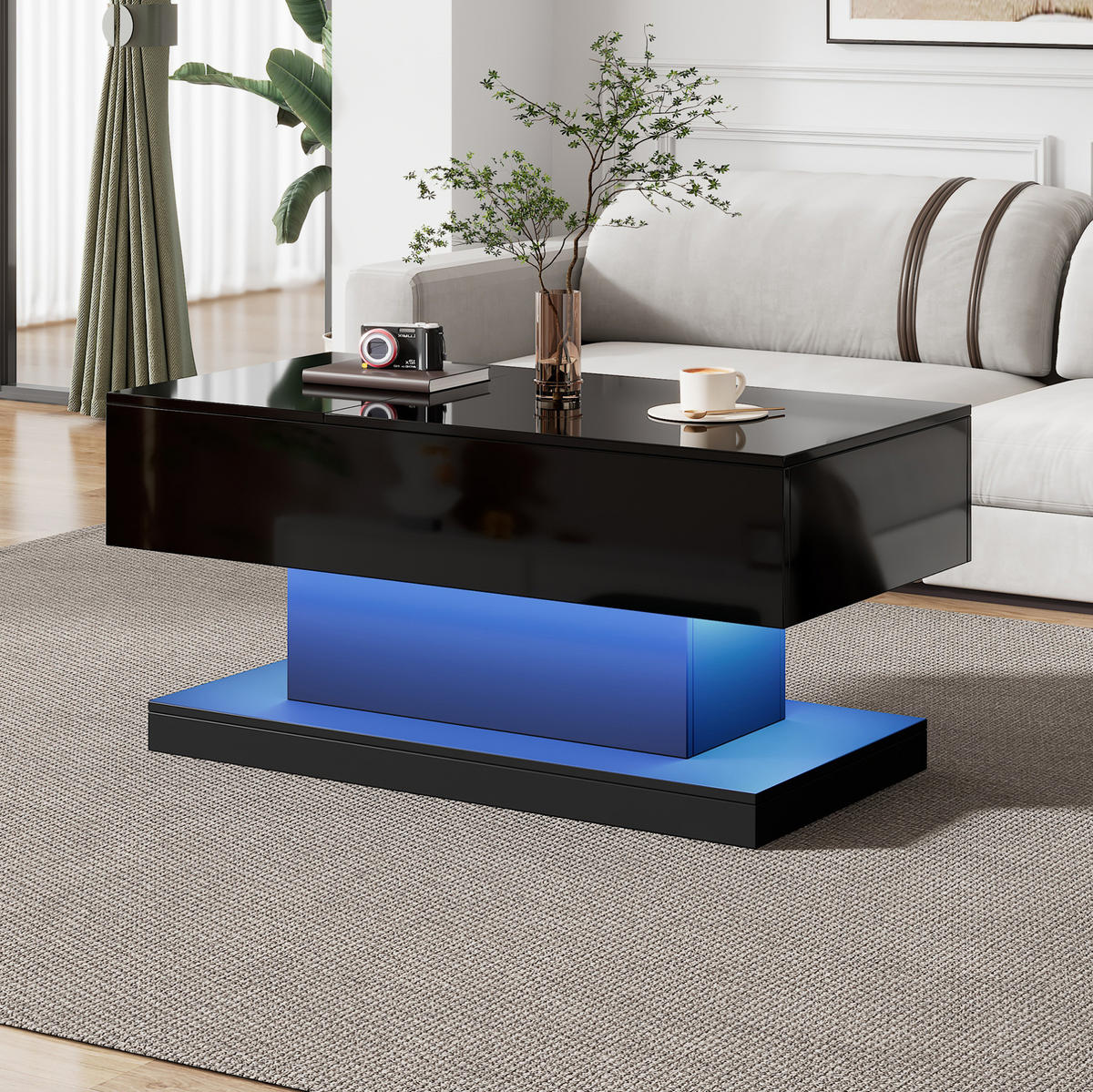 KONFERENČNÍ stolek, 100/50/45 cm, černý, s hydraulickým zdvihem, posuvnou deskou a LED - černá, kompozitní dřevo (100/50/45cm) - BEAOK