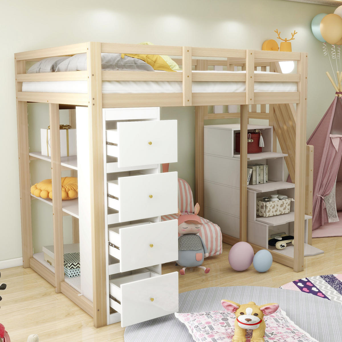 HOCHBETT 140/200 cm mit Aufbewahrungsschubladen und Sicherheitsleiter in Natur und Weiß - Hellbraun/Weiß, Holz (140/200cm) - OKWISH