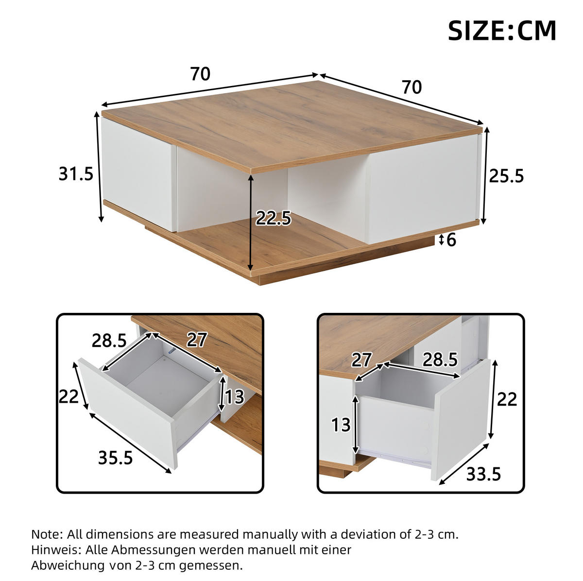 COUCHTISCH 70/70/31,5 cm mit 3 Schubladen und halboffenem Stauraum in Hochglanzoptik, Weiß/Walnuss - Walnussfarben, Holzwerkstoff (70/70/31.5cm) - Redom