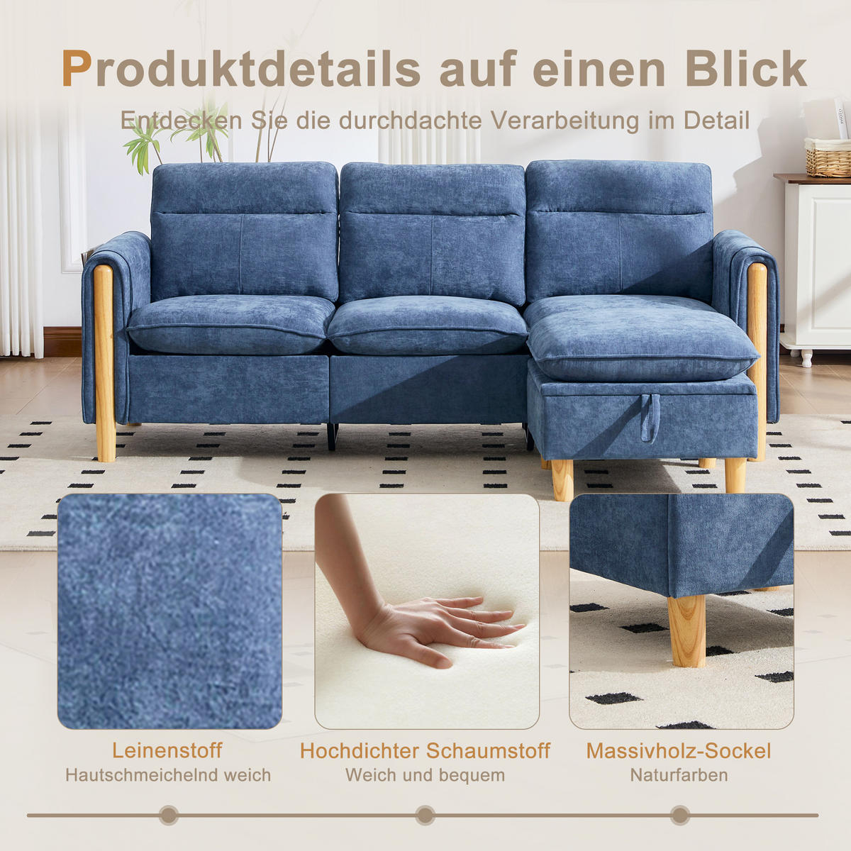 ECKSOFA DE-33940 mit Stauraumhocker und Seitentaschen Blau - Blau, Holz (77/201cm) - ComfortXL