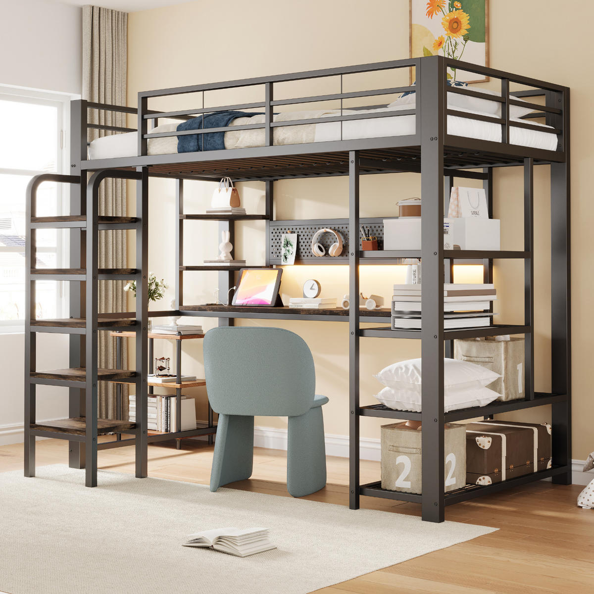 HOCHBETT 90/200 cm in Schwarz mit Schreibtisch, Regal, Lochplatte, Steckdosen und LED Metall Holz Design - Schwarz, Holzwerkstoff/Metall (90/200cm) - STILVORA