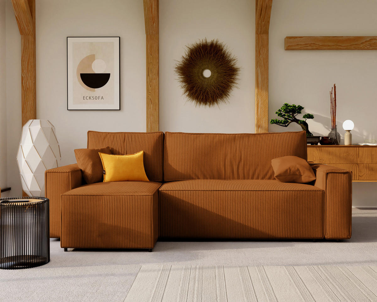ECKSOFA Paris mit Schlaffunktion Cord - Braun/Honig, Textil (244/155cm) - Idohome