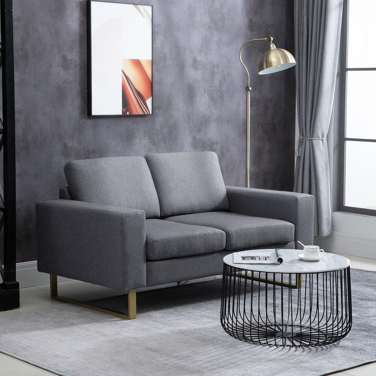 SOFA-2 Sitzer Couch Stoffsofa Eckcouch Sitzmöbel Polstersofa Loungesofa Armlehne - Dunkelgrau, Holz (82/78/145cm) - HOMCOM