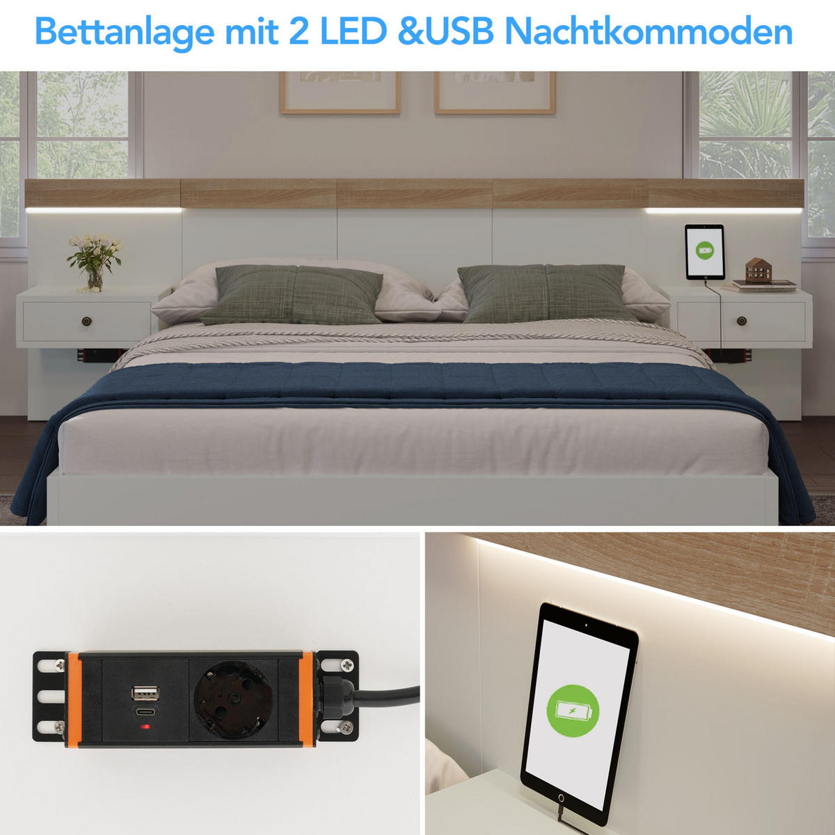 BETT 140/200 cm Weiß/Sonoma-Eiche aus Holzwerkstoff mit 2 LED-Nachtkommoden - Weiß, Holzwerkstoff (140/200cm) - OKMYHOME