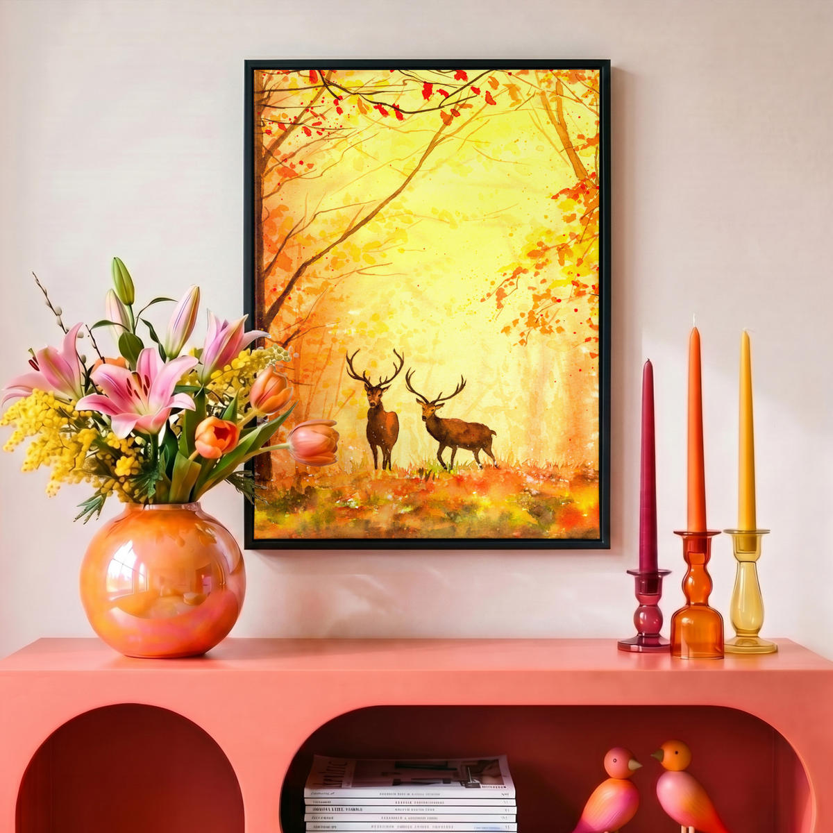LEINWAND Bilder mit Rahmen - Natur - Ölfarbe - Hirsche - Tiere - Herbst - Orange - 30x40 - Orange, Textil (30/40cm) - MuchoWow