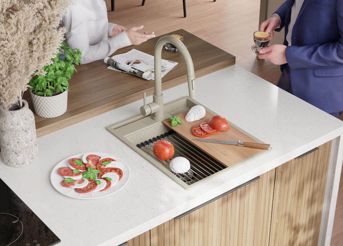 GRANITSPÜLE Oslo Pocket, 2-er set Beige 43/53 cm 1 Becken + Küchenarmatur 32/20 cm + Ablauf-Set + Küchenzubehörset ab 45er Unterschrank - Chromfarben/Beige, Kunststoff (43/20/53cm) - Primagran