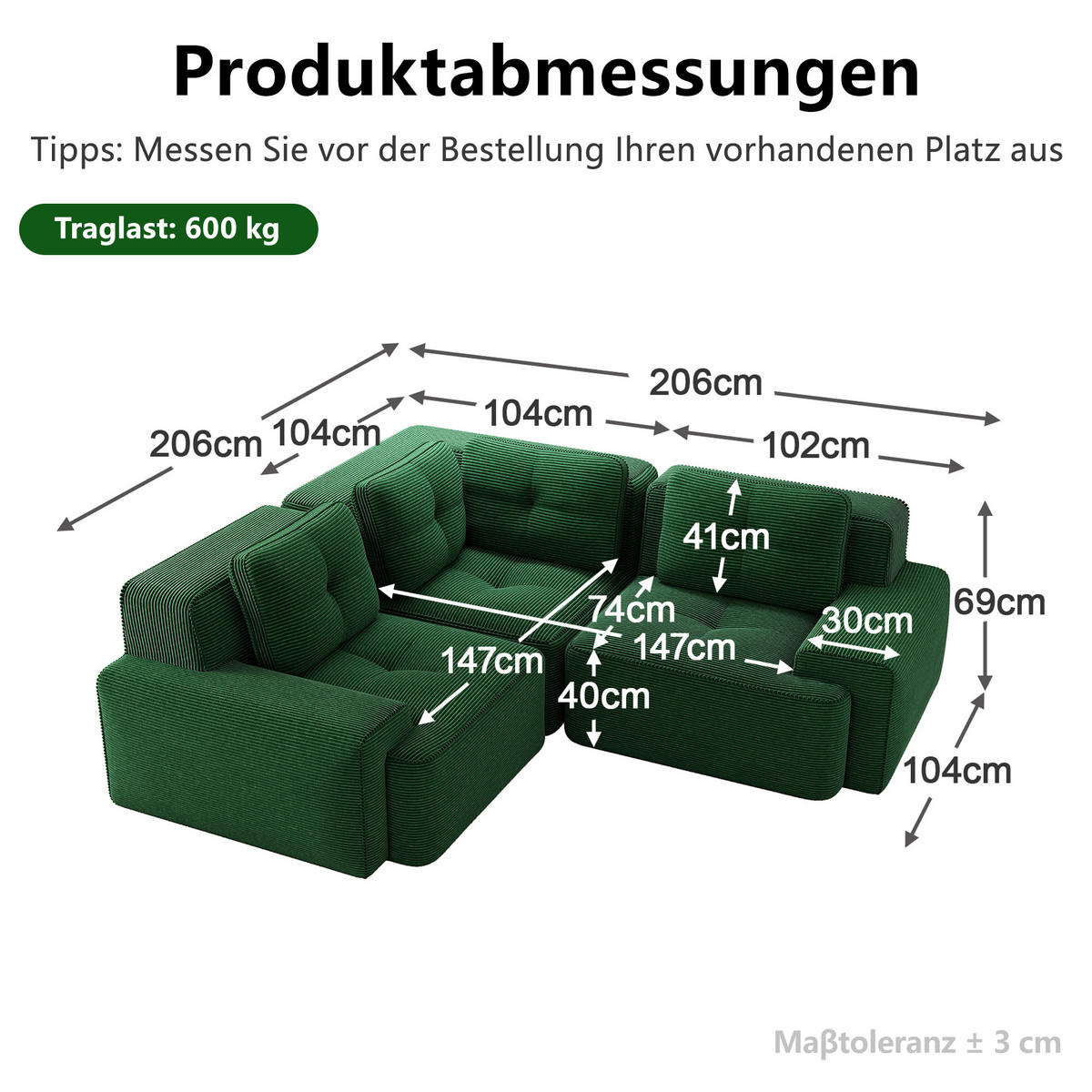 ECKSOFA DE-34221 modular mit Tiefsitz Grün - Grün, Textil (104/177cm) - ComfortXL