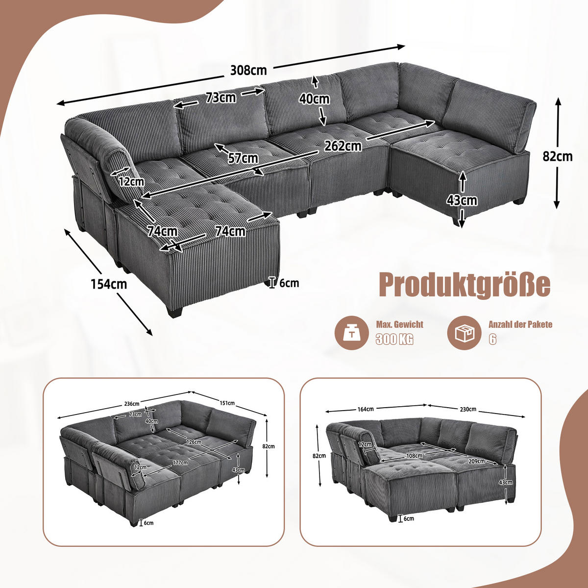 MODULARES 6-Sitzer Sofa Cord flexibel als U-/L-Form und Eckschlafsofa Grau 308/154/82 cm - Grau, Textil (154/308cm) - Redom