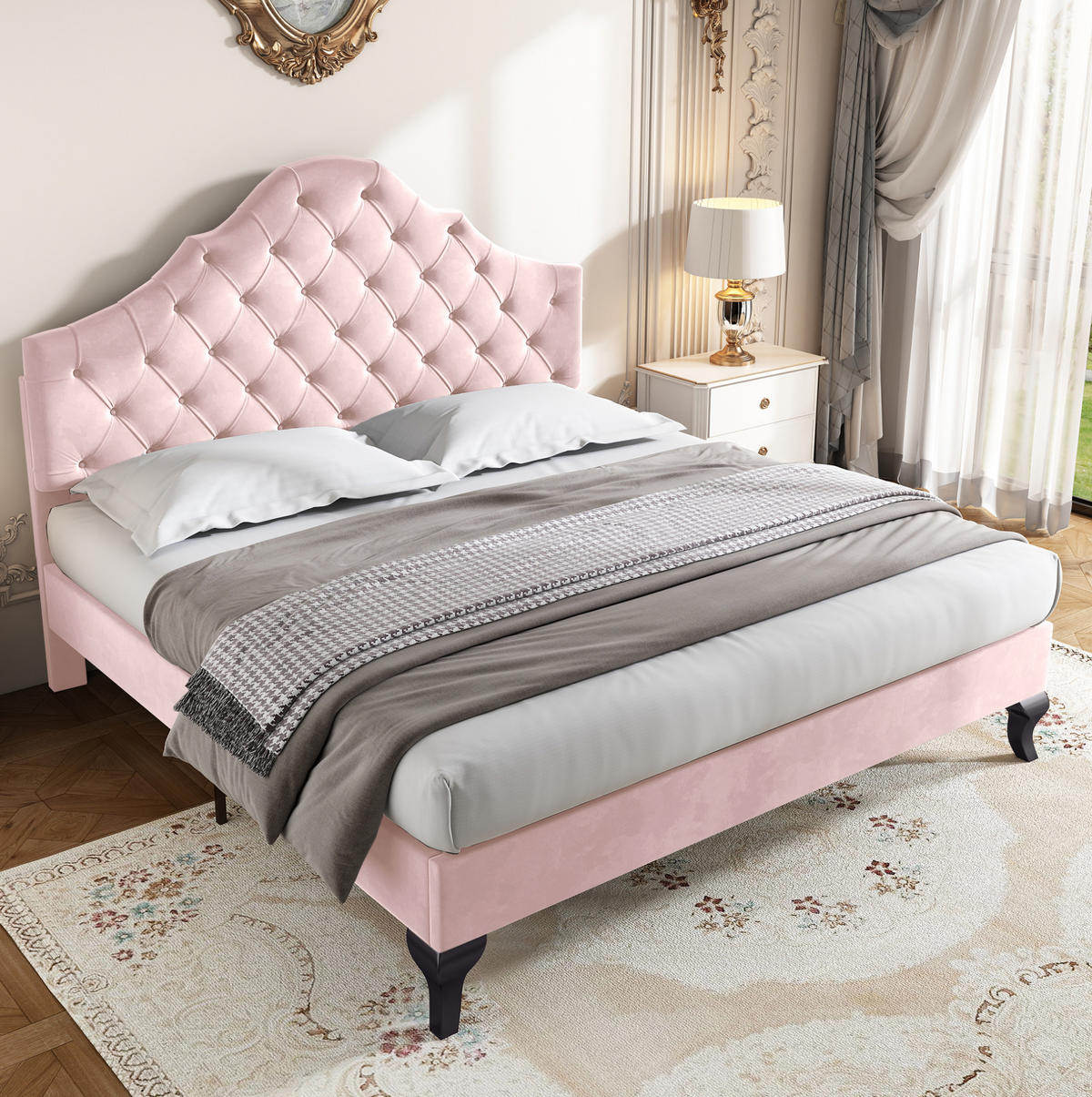 POLSTERBETT 140/200 cm mit Lattenrost, höhenverstellbarem Kopfteil und Samtbezug, Rosa - Rosa, Textil (140/200cm) - Redom