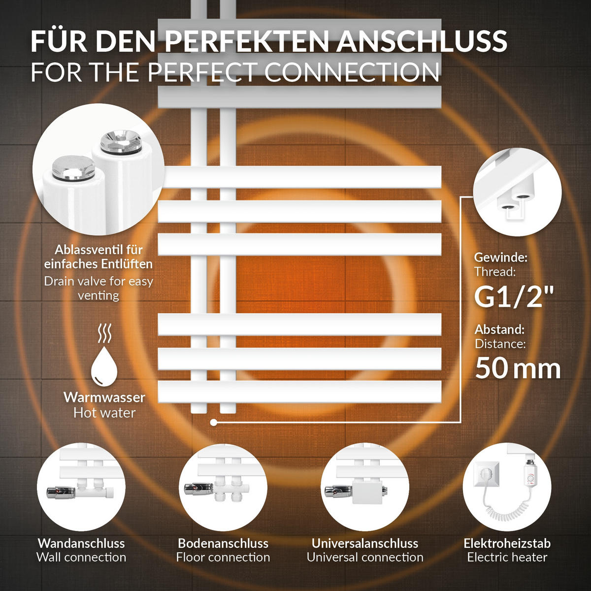 KOUPELNOVÝ radiátor Iron EM 500 × 1000 mm, bílý, s ventilem s průchodem - bílá, kov (50/100/3cm) - LuxeBath