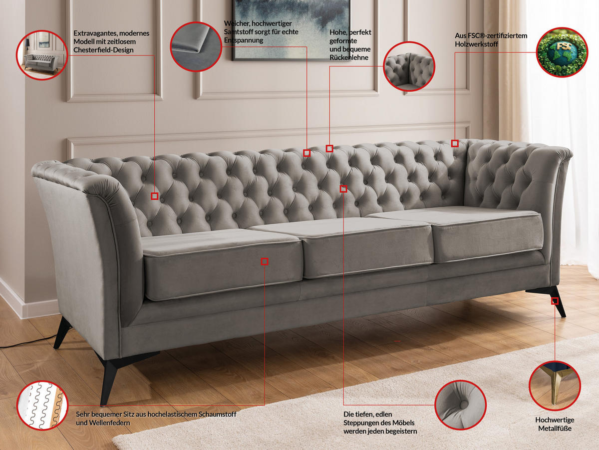 CHESTERFIELD-SOFA 3-sitzer Whitby Grau Samt mit schwarzen Füßen - Schwarz/Grau, Holz/Textil (237/78/82cm) - S-Style Möbel