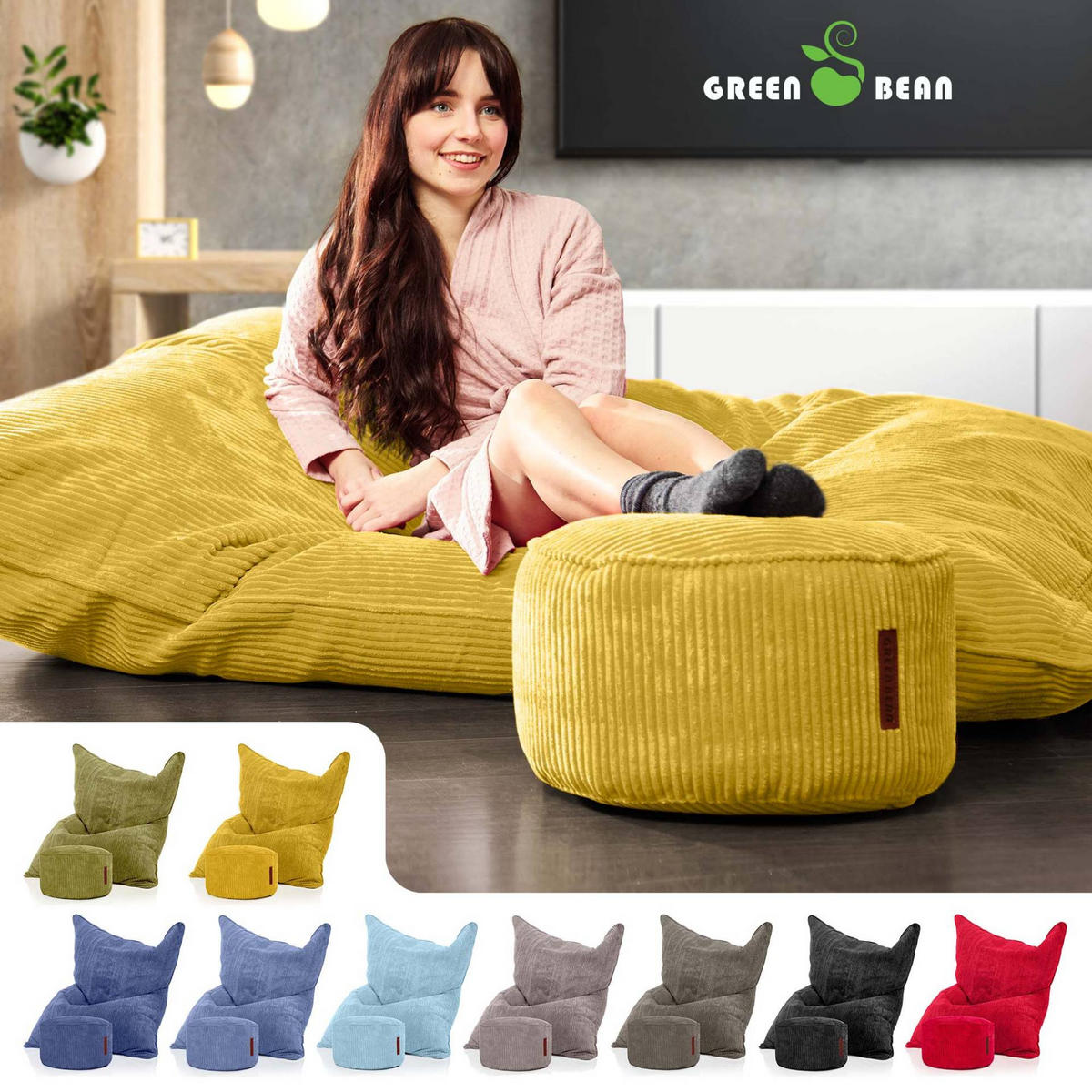 SITZSACK XXL "Square" + Pouf aus Cord - Gelb, Textil (140/25/180cm) - Green Bean