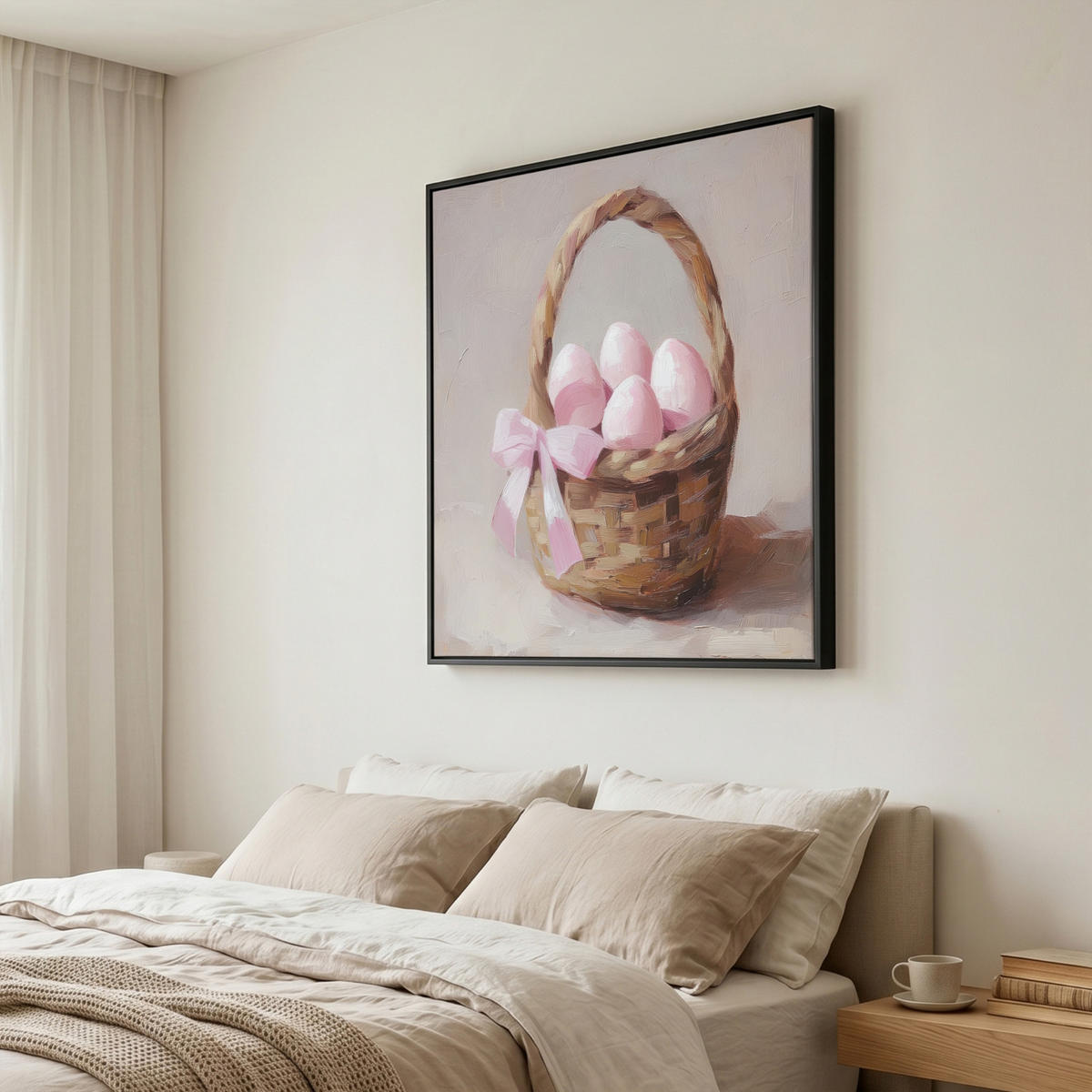 LEINWAND Bilder mit Rahmen - Korb - Eier - Rosa - 90x90 - Beige, Textil (90/90cm) - MuchoWow